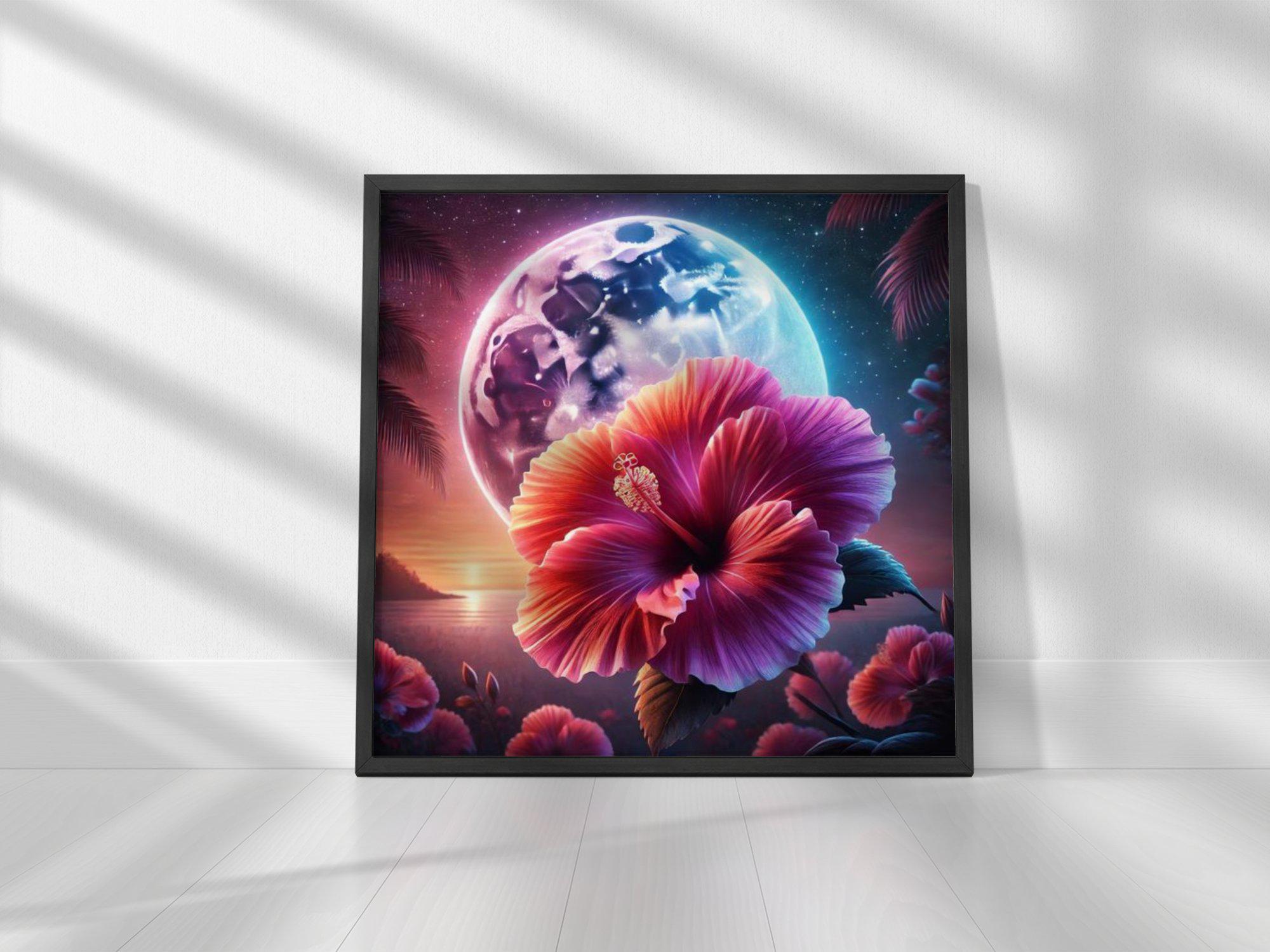 月明かりに照らされたハイビスカスのプリント、トロピカルフローラル