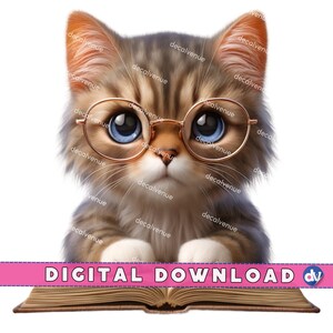 Katze mit Lesebrille Buch PNG Digital Download Clipart - Druckbare Kunst für Dtg Dtf Bekleidung Tassen T-Shirts Sublimation Design Print
