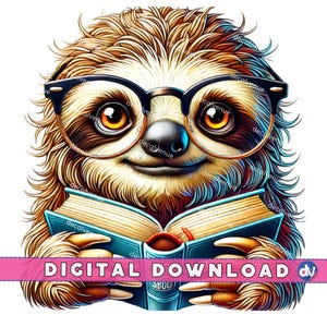 Sloth in Reading Glasses Open Book PNG Digital Download Clipart Printable Art Dtg Dtf Mugs T-Shirts Sublimation Design Print