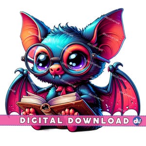 Bat With Reading Glasses Open Book PNG Digital Download Clipart Printable Art Dtg Dtf Mugs T-Shirts Sublimation Design Print