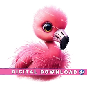 Flamingo Fluff Illustration, Adorable Pink Bird Art, Wall Decor, Nursery Print, PNG Digital Download, Instant Download, Cute Baby Bird