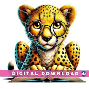Gepard mit Lesebrille offenes Buch PNG Digital Download Clipart druckbare Kunst Dtg Dtf Tassen T-Shirts Sublimation Design Print