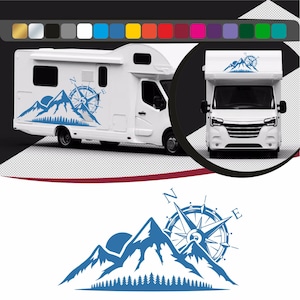 Autocollant montagne et boussole pour des camping cars, voitures et murs, stickers camping car montagne boussole, stickers en vinyle coupé