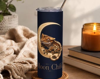 Moon Child Crested Gecko Tumbler | Celestial Reptile 20oz Skinny Cup