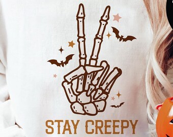 Stay Creepy PNG, Halloween PNG File, Skeleton Hand Peace Sign, Halloween Sublimation, Retro Halloween SVG