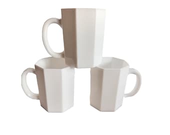 Lot 3 Arcopal France Octagonal White Milk Glass Mug French Dinnerware Coffee Tea