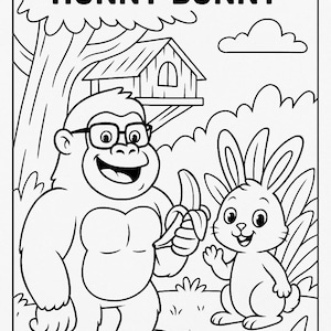 Puede incluir: Una página para colorear en blanco y negro con un gorila llamado Barry que sostiene un plátano y un conejo llamado Hunny Bunny. El gorila lleva gafas y tiene una gran sonrisa. El conejo también sonríe y tiene orejas largas. La imagen está ambientada en un bosque con una casa en el árbol en el fondo.