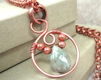 Green Ocean Jasper Teardrop and Copper Pendant Necklace, Adjustable Rolo Chain