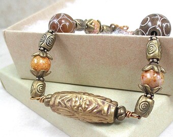 Brown Carved Asian Jade Bracelet, Etched Antiqued Brass, Ethnic Tribal Tibetan Style Metal, Earthy Picasso Czech Glass