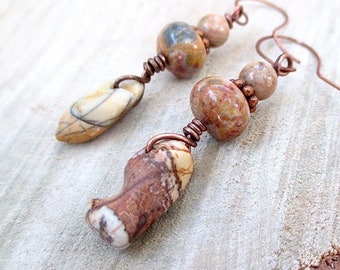 Mismatched Boho Earrings, Red Creek Jasper, Crazy Lace Agate Stones, Earthy Southwestern Colors, Copper or Sterling Silver Ear Wires