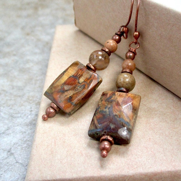 Nature's Art Earrings, Earthy Brown Tone Tiger Eye Stone Rectangles, Agate, Jasper, Antiqued Copper or Sterling Silver Ear Wires