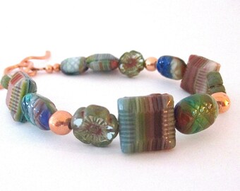 Multi Color Boho Bracelet - Earthy Czech Glass, Copper, Hand Forged Toggle Clasp