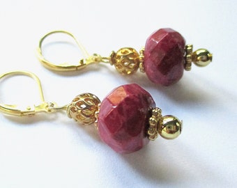Ruby Red & Gold Earrings Jasper Gemstones, Elegant Jewelry, Gold Lever Back Ear Wires