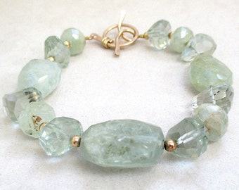 Elegant Aqua Light Green Gemstone Bracelet, Chunky Aquamarine, Prasiolite, Gold Filled Beads, GF Toggle Clasp