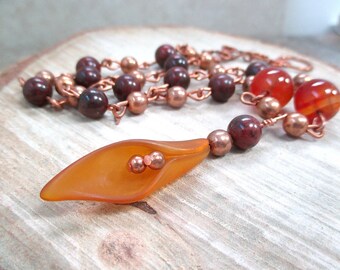 Calla Lily Pendant Necklace, Vintage Lucite Flower, Fall Color Gemstones, Rosary Style Beaded Copper Chain