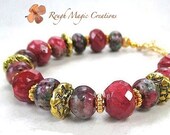 Red & Gold Jewelry Gemstone Bracelet, Heart Toggle Clasp, Romantic Gift for Women, Ruby in Zoisite, Jasper Stone, Medieval Renaissance Style