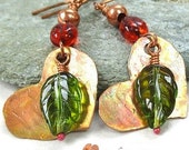 Red & Green Copper Earrings, Colorful Hearts Leaves Ladybugs, Long Dangles, Large Earrings, Woodland Statement Jewelry, Gift for Women  E190