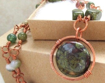 Dragons Blood Jasper Gemstone & Rustic Copper Pendant Necklace, Unakite Beaded Chain