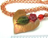 Pendant Copper Heart Red & Green Flower, Chain Necklace, Glass Ladybug, Romantic Gift for Women Present for Her, Woodland Theme Jewelry N206