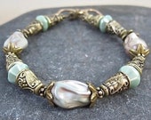 Boho Renaissance Bracelet, Vintage Baroque Glass Pearls, Mint Green Bicone Beads, Fancy Etched Antiqued Brass, Bohemian Gift for Women B224