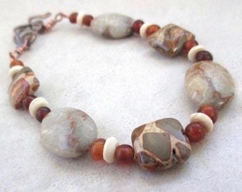 Earth Tone Fossil Coral & Safari Jasper Gemstone Bracelet with Bone and Horn Beads, Antiqued Copper Toggle Clasp