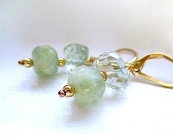 Pastel Green Gemstone Earrings - Aquamarine, Prasiolite Stones, Gold Filled Beads, Lever Back Ear Wires