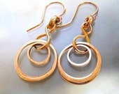 Rustic Raw Solid Copper Earrings, Hand Forged Double Ring Dangles, Abstract Geometric Circles