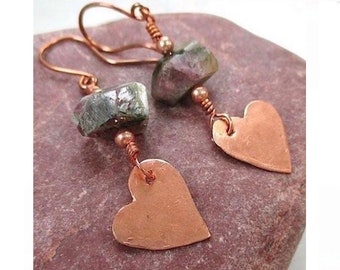 Raw Tourmaline Earrings, Rustic Copper Heart Drops, Boho Dangles, Copper or Sterling Silver Ear Wires