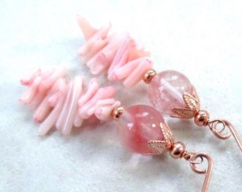 Beachy Pink Earrings, Branch Coral & Cherry Quartz, Tropical Beach Theme, Long Stacked Dangles, Copper Accent Beads, Handmade Hook Ear Wires