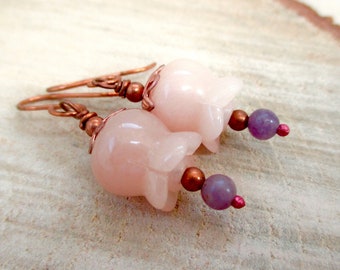 Pink & Purple Floral Earrings, Jasper Bell Flowers, Lavender Lilac Stone, Copper Hook Ear Wires