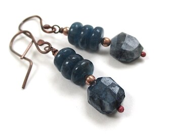 Teal Blue Green Apatite Gemstone Earrings, Hand Forged Antiqued Copper Wires