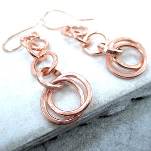 Solid Copper Earrings, Long Boho Dangles, Interlocking Ring, Raw Copper Jewelry, Bright or Antiqued Finish image 3