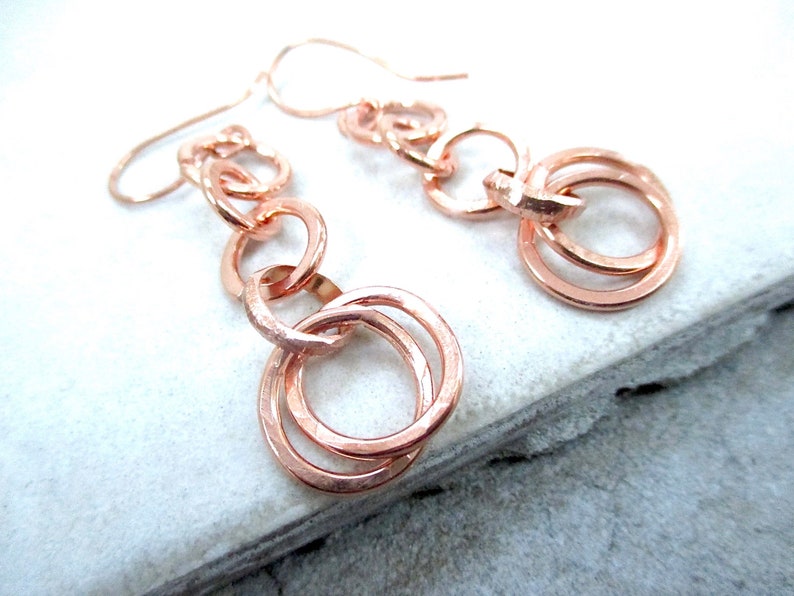 Solid Copper Earrings, Long Boho Dangles, Interlocking Ring, Raw Copper Jewelry, Bright or Antiqued Finish image 3