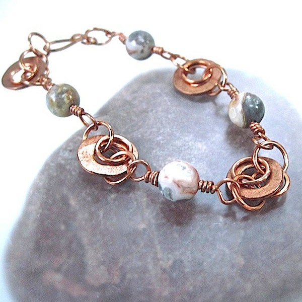 Beaded Chain Bracelet Earthy Agate Gemstones, Eco Friendly Copper