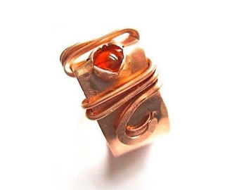 Unique Statement Ring, Hand Forged Copper Ring, Red Carnelian Gemstone Solitaire, Wide Ring Band, Adjustable Ring for Men and Women