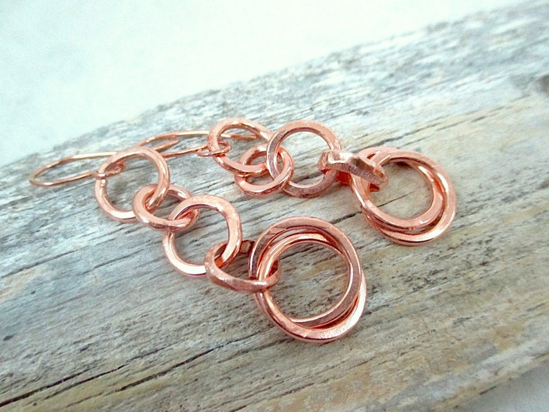 Solid Copper Earrings, Long Boho Dangles, Interlocking Ring, Raw Copper Jewelry, Bright or Antiqued Finish image 4