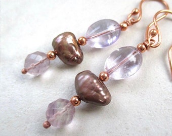 Pink Amethyst Earrings, Pale Lavender Rainbow Fluorite, Mauve Bronze Baroque Pearls, Copper Ear Wires