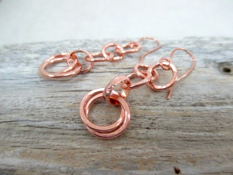 Solid Copper Earrings, Long Boho Dangles, Interlocking Ring, Raw Copper Jewelry, Bright or Antiqued Finish image 2