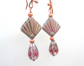 Art Deco Earrings with Czech Glass Frosted Shell Fan Beads & Colorful Foil Lined Spring Floral Lampwork Teardrops