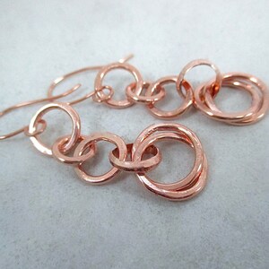 Solid Copper Earrings, Long Boho Dangles, Interlocking Ring, Raw Copper Jewelry, Bright or Antiqued Finish image 7