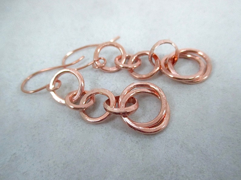 Solid Copper Earrings, Long Boho Dangles, Interlocking Ring, Raw Copper Jewelry, Bright or Antiqued Finish image 7