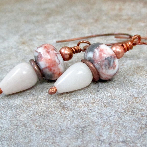 Pink Gray Cream Mexican Agate Earrings, Earth Tone Stone Dangles, Rustic Antiqued Copper or Sterling Silver Open Hoop Ear Wires