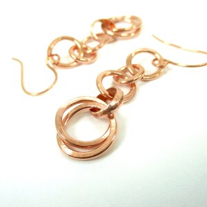 Solid Copper Earrings, Long Boho Dangles, Interlocking Ring, Raw Copper Jewelry, Bright or Antiqued Finish image 5