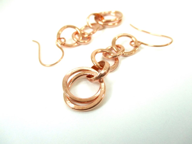 Solid Copper Earrings, Long Boho Dangles, Interlocking Ring, Raw Copper Jewelry, Bright or Antiqued Finish image 5