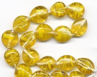 Vintage Golden Yellow Givre Beads 13mm Swirled Glass 18 Pcs. Made in Japan
