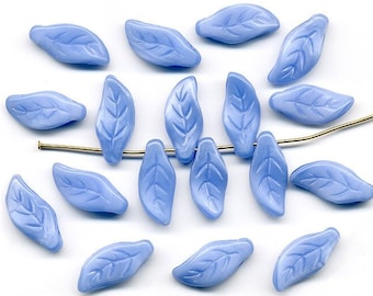 Vintage 18mm Blue Leaf Beads Opaque Periwinkle Color Glass 16 Pcs.