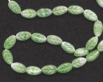 Vintage Leaf Beads 9mm Green & White Glass w/ Luster Finish 50 Pcs.