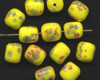 Vintage Yellow Japanese Millefiori Beads 11mm Long 4 Sided 12 Pcs.