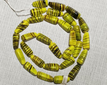 Vintage Yellow Striped Beads 22mm Three Sided 16 Pcs. Made in Japan