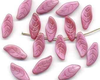 Vintage 18mm Pink Leaf Beads Opaque Rose Color Glass 16 Pcs.